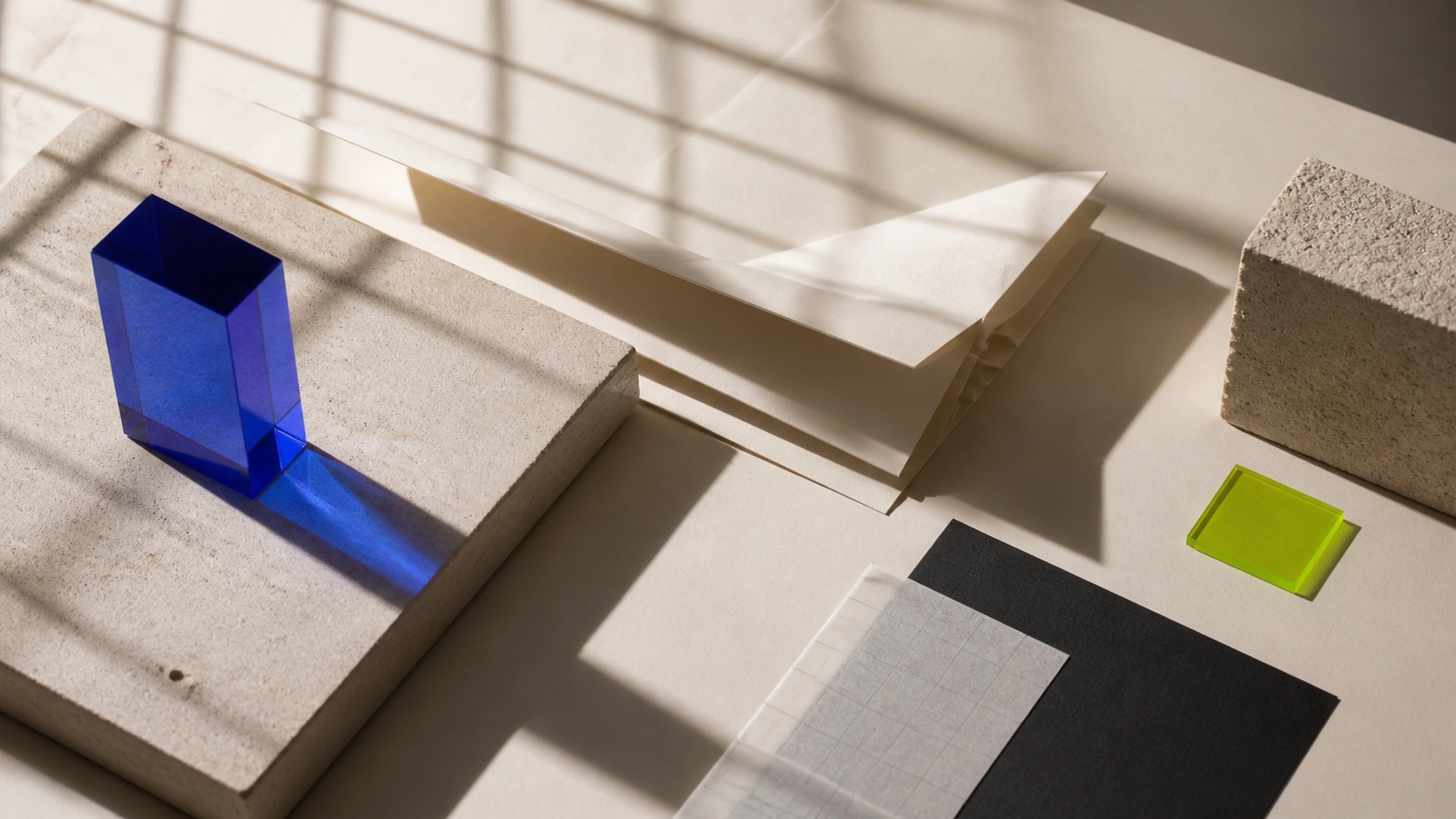 Editorial desk scene with papers, a cobalt-blue block and a lime-green accent