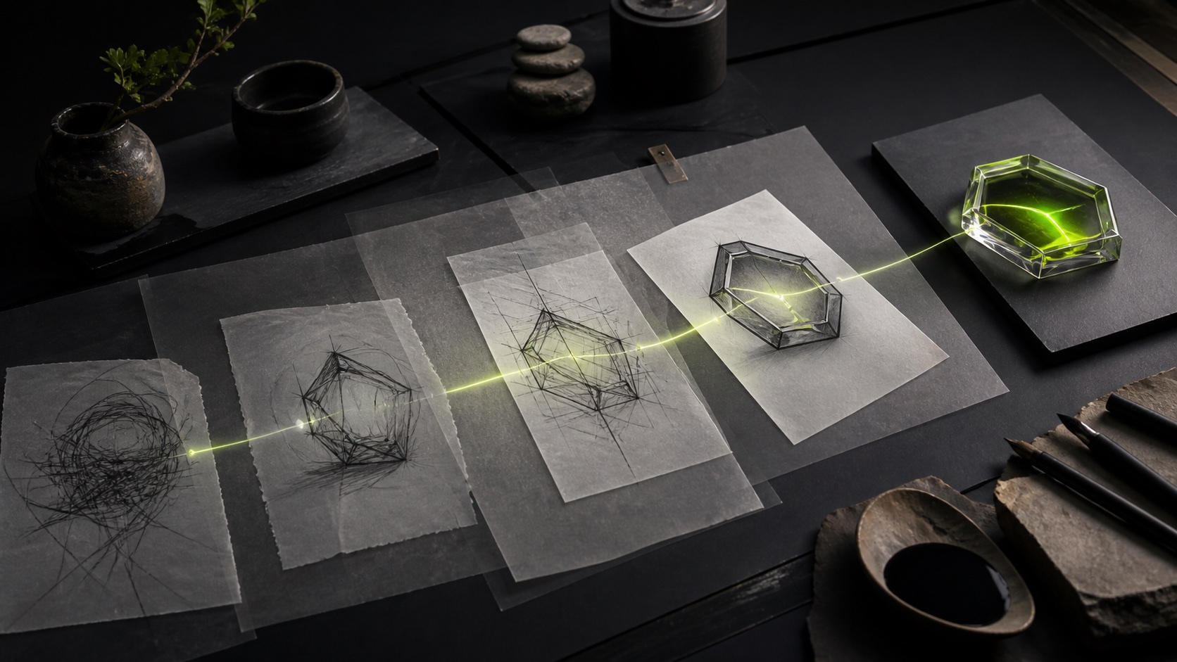 A dark creative worktable where rough sketches transition into a polished digital object