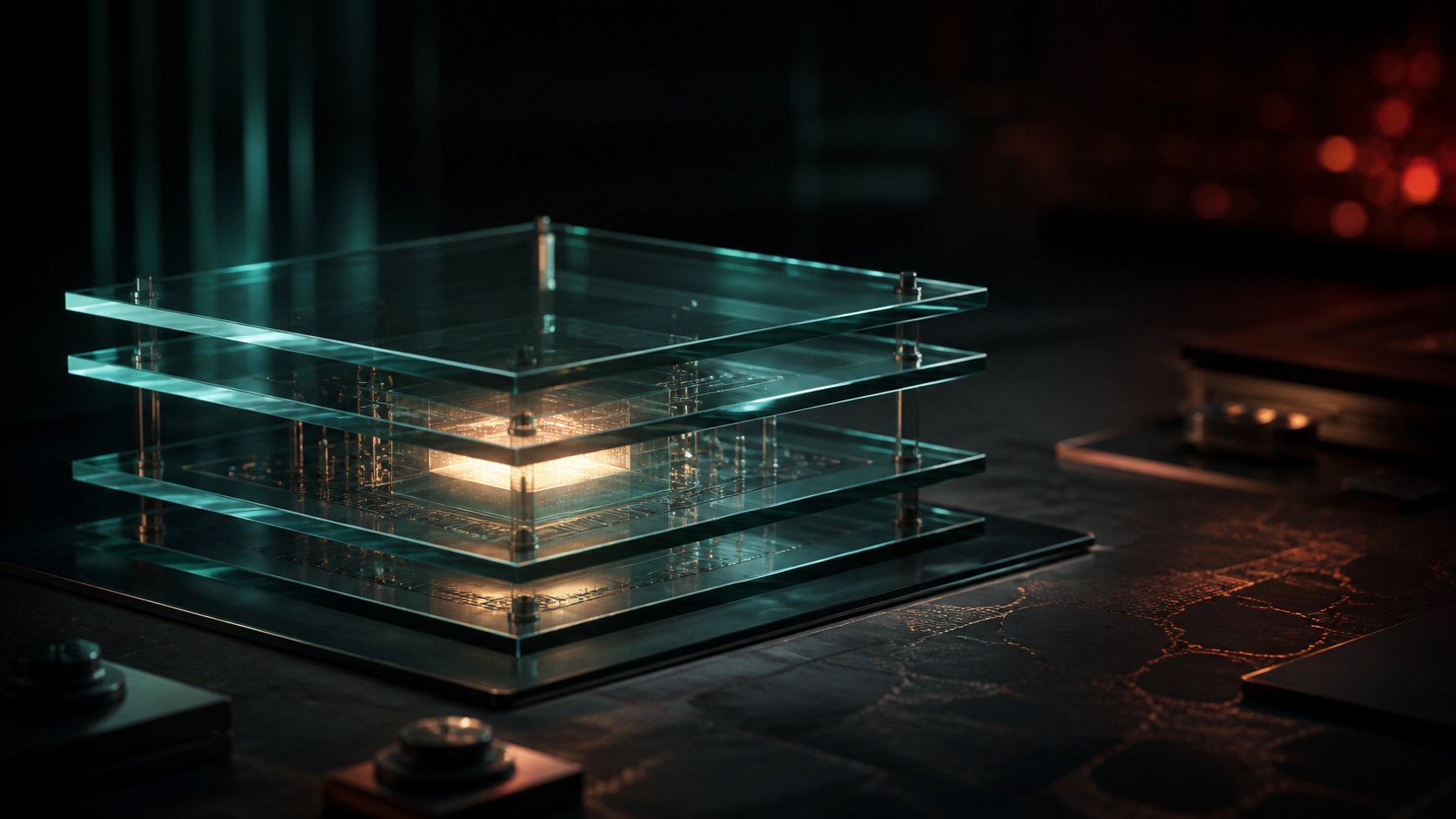 Layered glass security structure protecting a warm illuminated core in a dark workspace