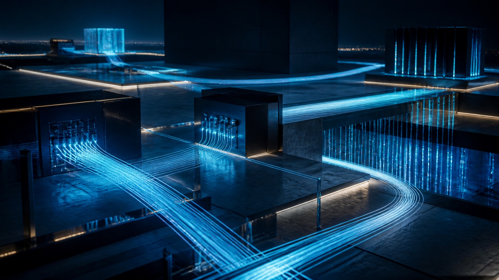 Abstract architectural network with luminous blue fibre paths connecting resilient nodes
